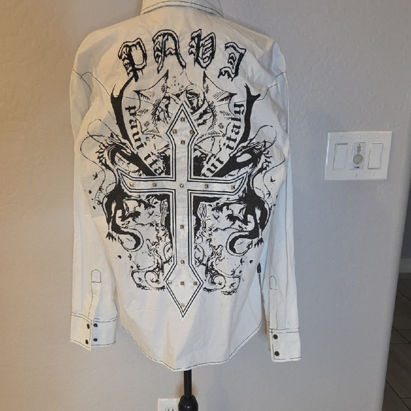 PAVI Other - PAVI Men's White Shirt with Black Print/Embroidery/Studs Size Large NWT Western